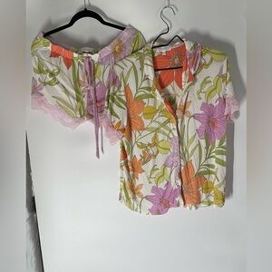 P.J. Salvage Floral Button Down Shirt Pajamq Set- Orange, Pink, Green